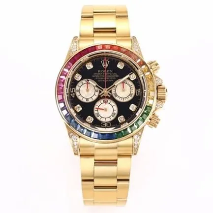 top-tier replicaRolex men's black dial gold band Daytona rainbow model full automatic movement watch side view