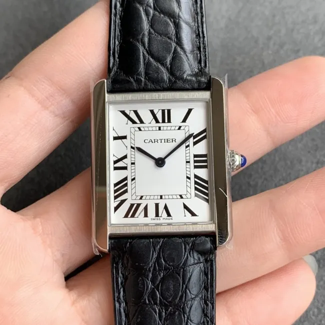 K11 factory Cartiertop-tier watch women's white dial black belt tank series leather strap watch front view