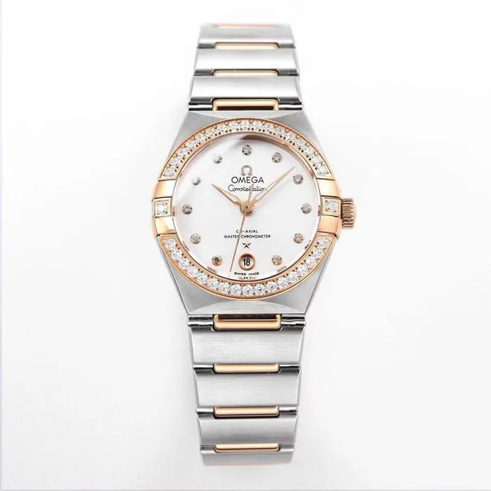 Top collectible watches Omega Women's White Plate Constellation Steel Strap Watch Side View