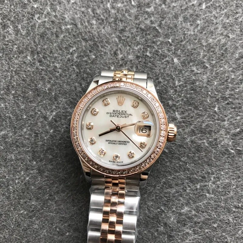 Rolex Datejust watch, women's 28mm, mechanical bezel, diamond, rose gold, mother-of-pearl dial, diamond hour markers, front view