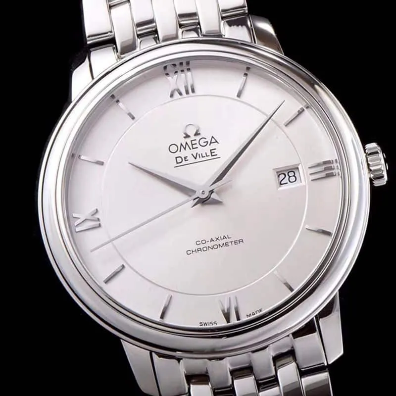 high-quality replicaOmega watch De Ville series men's mechanical ultra-thin watch white steel white face front view
