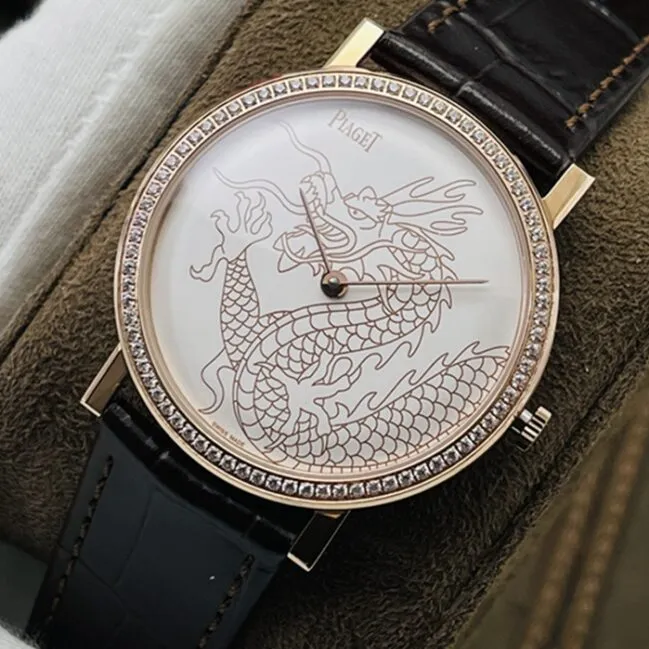 Top-tier watch Piaget men's white dial brown belt dragon and phoenix series watch clasp picture
