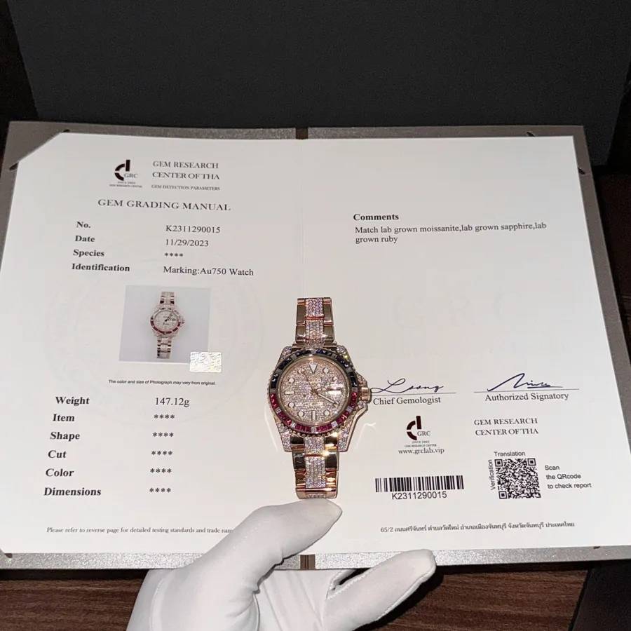 Rolex GMT-Master II 126755SARU-DIAO 18K Gold Wrapped Custom Moissanite Ruby & Sapphire Bezel 40mm