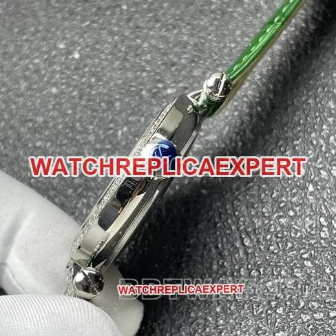 collectible watch frank mill quartz ABF factory black dialdiamond bezel green leather braceletfront live photo