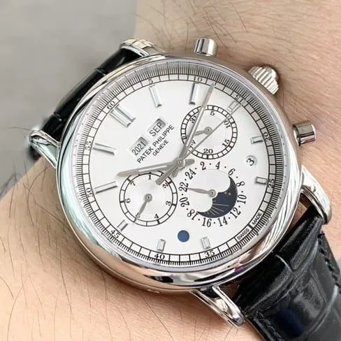 Patek Philippetop-tier watch complex function chronograph series men's white dial fully automatic movementleather strap front view