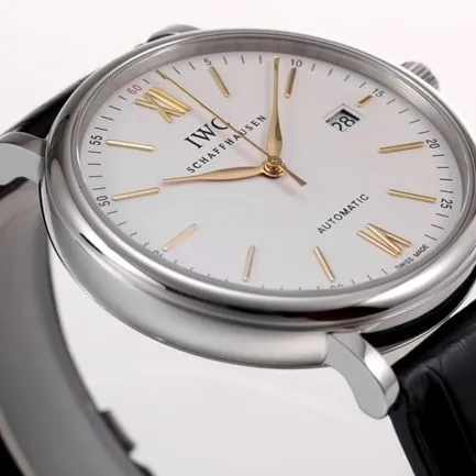 V7 factory IWC top-tier replicahigh-quality watch men's white dial black belt wave Fino series disc automatic movementleather strap watch clasp picture