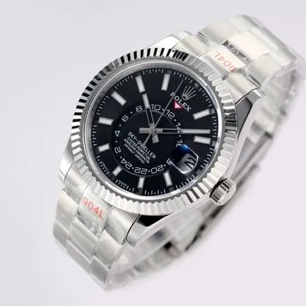 Top Rolex men's watch, black dial, steel bracelet, Sky-Dweller series, automatic mechanical watch, front view