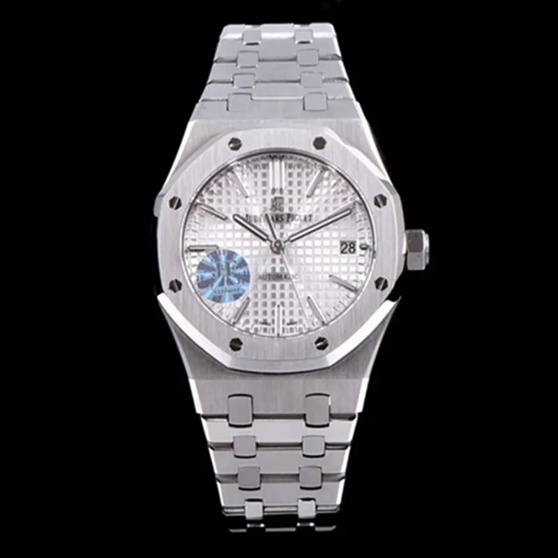 top-tier watch Audemars Piguet men's white dial mechanical steel bracelet watch front view