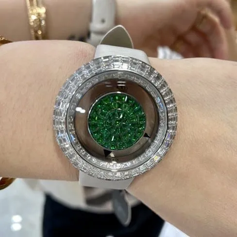 top-tier Jack Bao watch green dial white leather strap ladies quartz front view