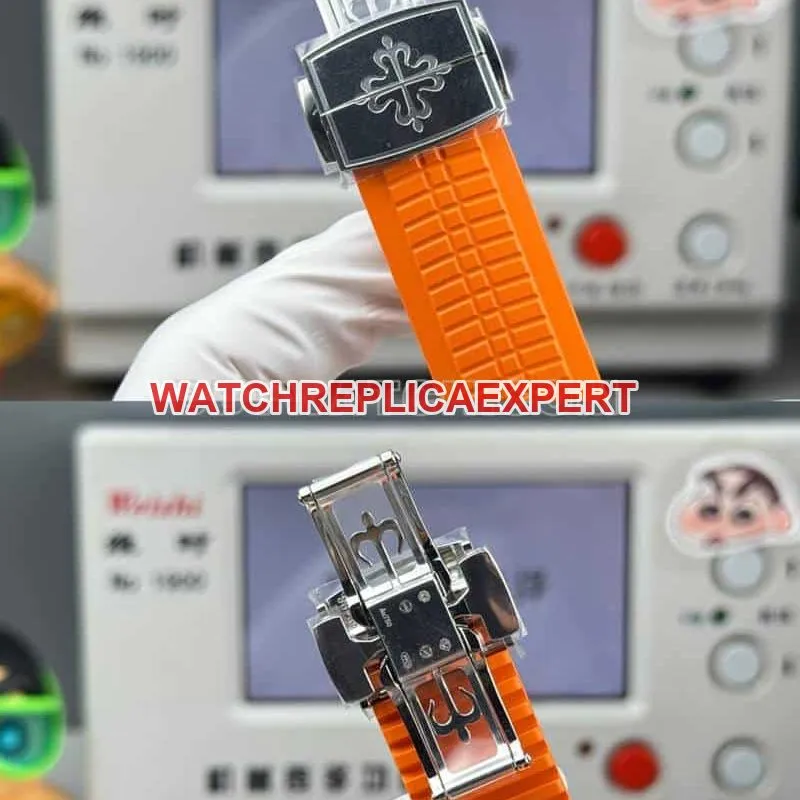 1:1replica watch Patek PhilippeP1 factory grenade black dial mechanical orange rubber model 5968front live photo