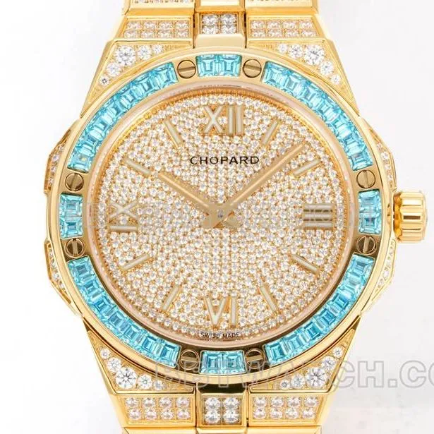 Chopard1:1replica watch GH factory Xueshan Aoyi 41mm pavé diamond yellow goldsteel bracelet model front live photo