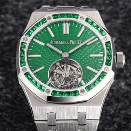 Front view of big factory high-quality replicaR8 factory 2022 Audemars Piguetgreen dialRoyal Oak self-winding tourbillon watch