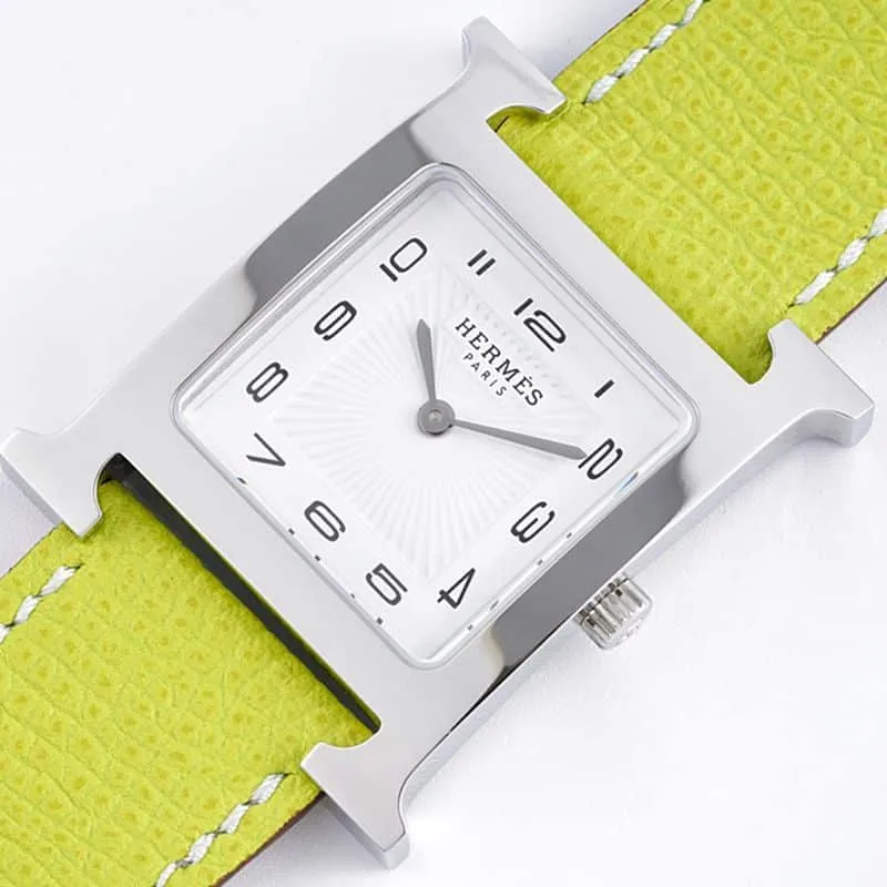 top-tier Hermès ladies' watchHeureH series quartz square fashion watch light yellow braceletwhite dial back cover picture