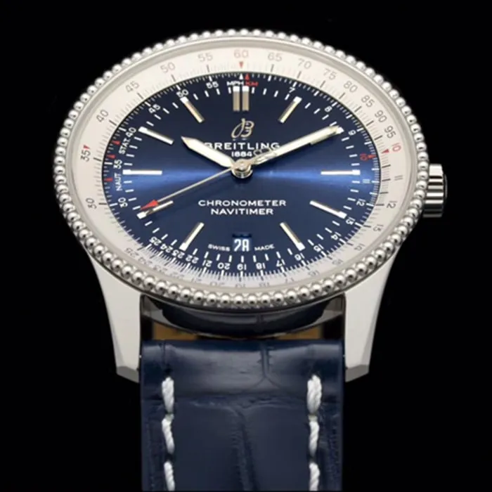top-tier watch Breitling men's blue dial aviation chronograph1 series steel bracelet watch front view