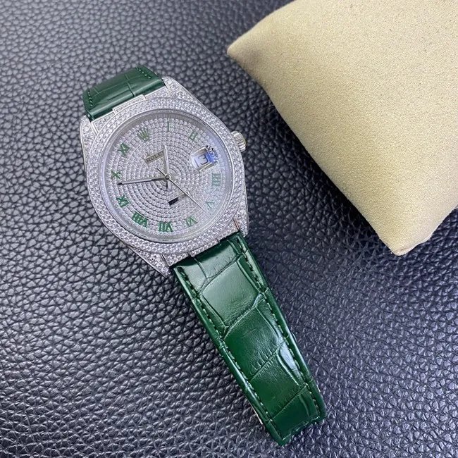 Rolextop-tier watch Datejust baby's breath men's white dial green strap fully automatic movementleather strap watch side view