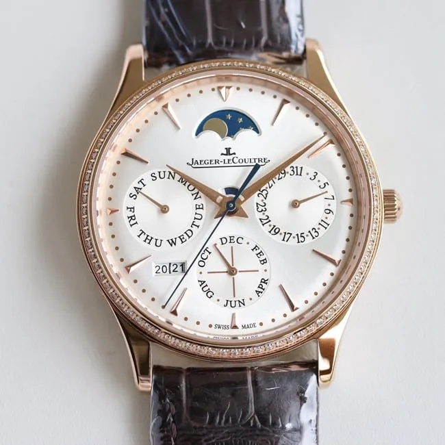 TW factory Jaeger-LeCoultretop-tier watch fully automatic movementleather strap men's white dial brown belt watch master series movement picture