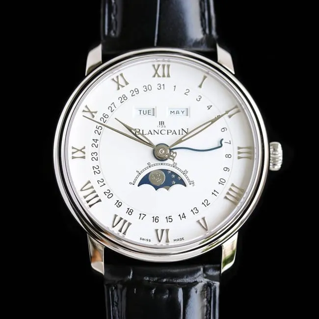 top-tier watch Blancpain men's white dial black belt villeret classic 6654moon phase display series leather strap watch clasp picture