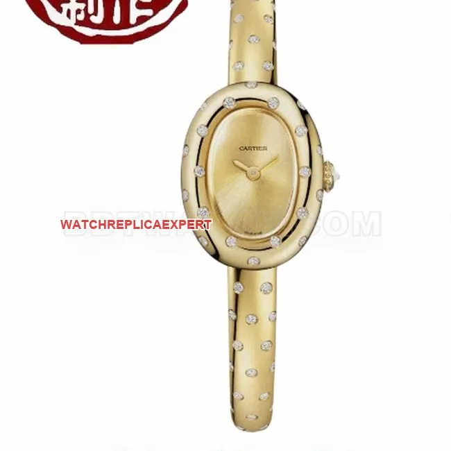 Top Watch BBA Factory Bathtub Cartier Gold Dial Moissanite Diamond English Movement Strap Real Shot