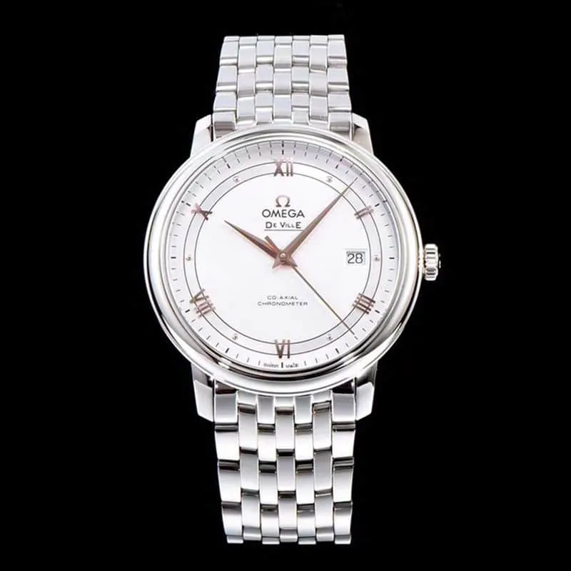 Omegasuper watch disc flying business series men's mechanical ultra-thin watch white steel rose gold scale front view