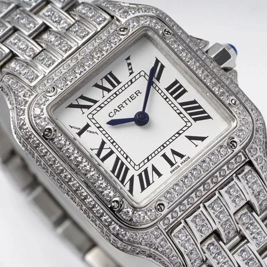 Cartiertop-tier watch cheetah full diamond series ladies steel bracelet mechanical white dial watch back cover picture