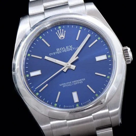 Rolextop-tier watch Oyster Perpetual series men's mechanical blue dialsteel bracelet watch front view