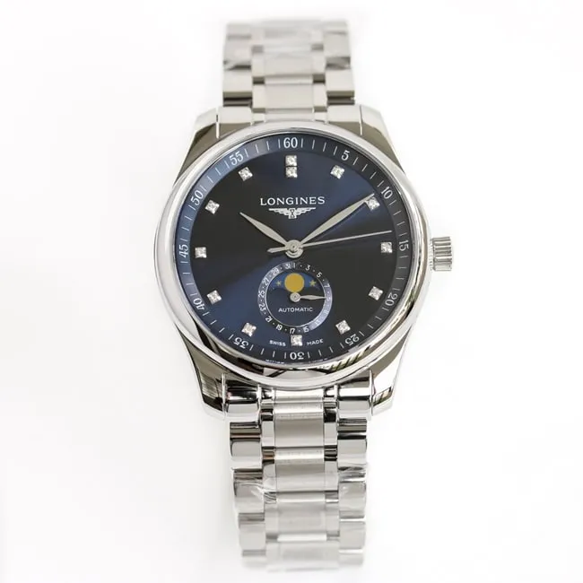 GF Factorytop-tier watch Longines automatic movement men's blue dial master series moon phasesteel bracelet watch front view