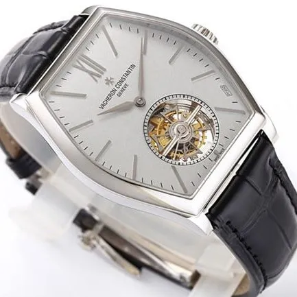 VCR factory Vacheron Constantintop-tier watch men's white dial black belt full automatic movement Malta tourbillon series leather strap watch front view