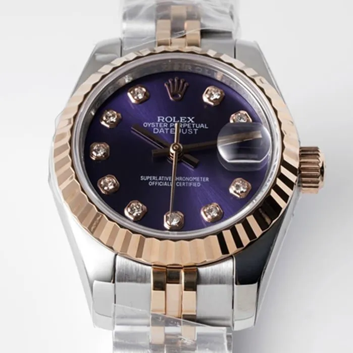 top-tier watch Rolex women's blue dial Date just steel bracelet watch front view