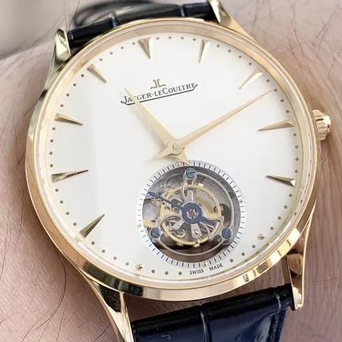Jaeger-LeCoultretop-tier watch men's white dial black belt master series fully automatic movement tourbillonleather strap watch clasp picture