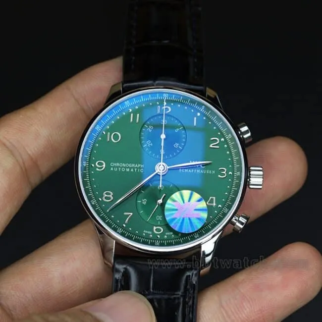 YL factory top-tier watch IWC green Portuguese watch 150th anniversary commemorative model men's green dial black belt full automatic movement see-through bottom leather strap watch front view