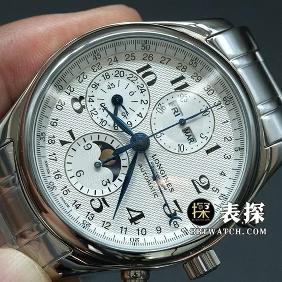 GS factory Longines famous craftsman eight-pin moon phasetop-tier watch white dial blue needle steel bracelet model picture and price front live photo