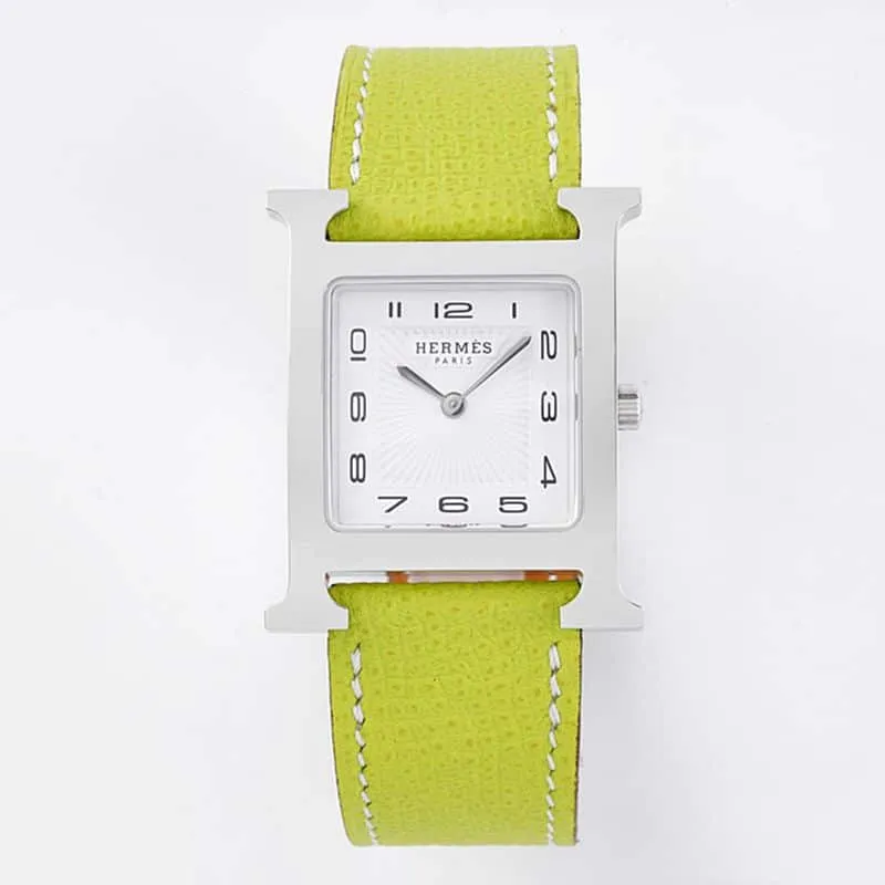 top-tier Hermès ladies' watchHeureH series quartz square fashion watch light yellow braceletwhite dial front view
