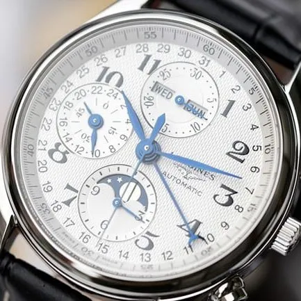 KL factory top-tier watch Longines men's white dial black belt famous craftsman moon phase series automatic movementleather strap watch front view