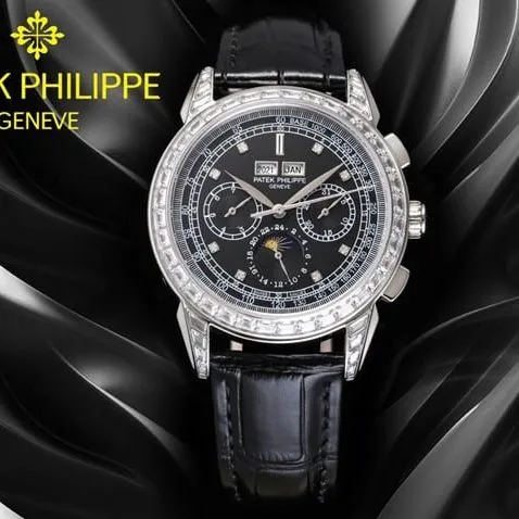 PFF factory top-tier watch Patek Philippe men's black dial black belt super complex function chronograph series leather strap watch front view