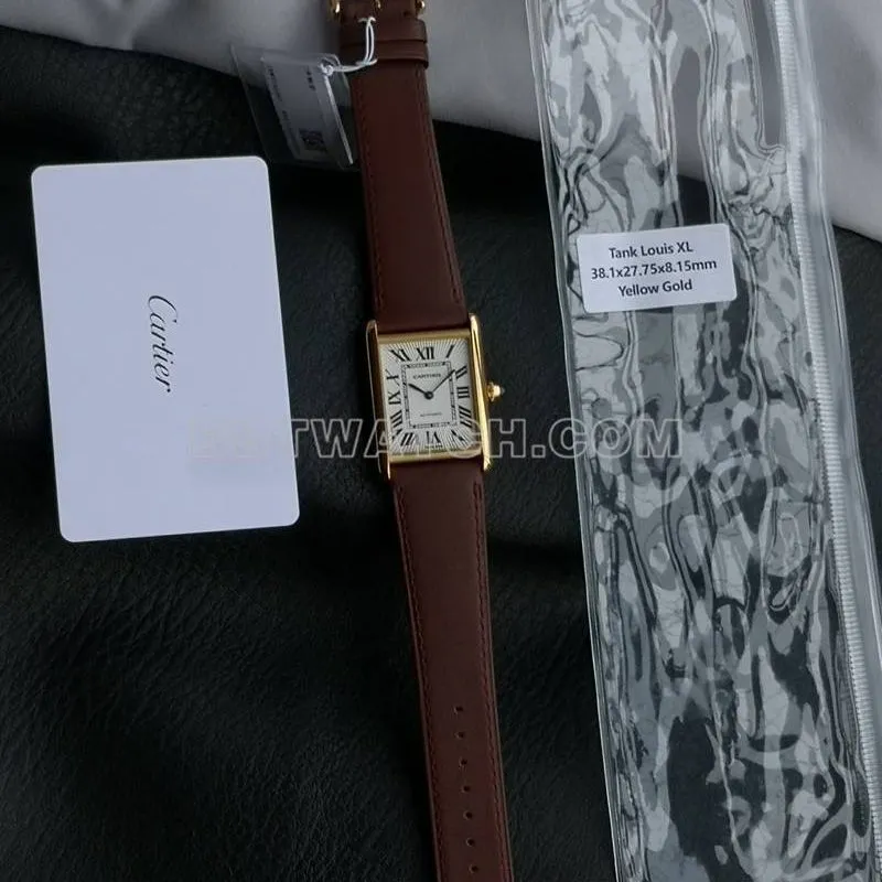 Cartier1:1replica watch F1 factory tank white dialyellow gold case 2899MCmovementleather strap model front live photo