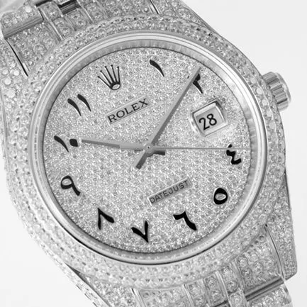 TW factory top-tier replicaRolex men's white dialsteel braceletDatejust series full diamond 18k gold full automatic movement watch front view