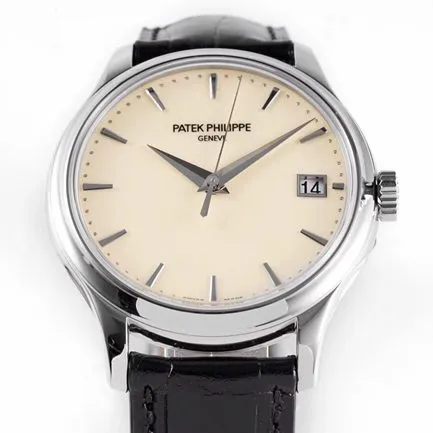 ZF Factorytop-tier watch Patek Philippe men's white dial black belt mechanical classical series leather strap watch front view