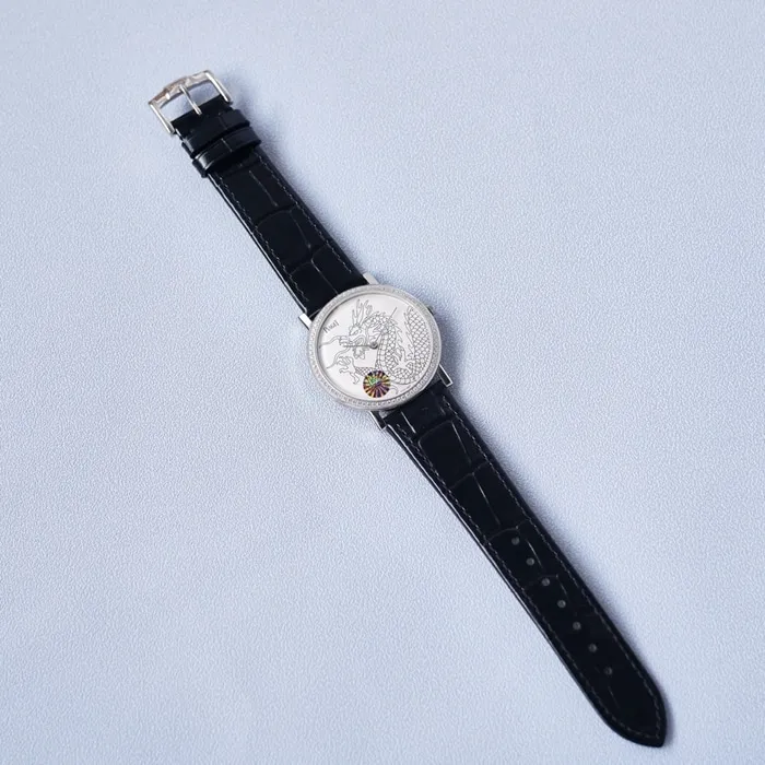 Top-tier watch Piaget men's white dial dragon and phoenix series leather strap watch front view