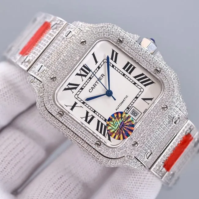 top-tier real diamond replicaCartier Santos baby's breath white dial watch front view