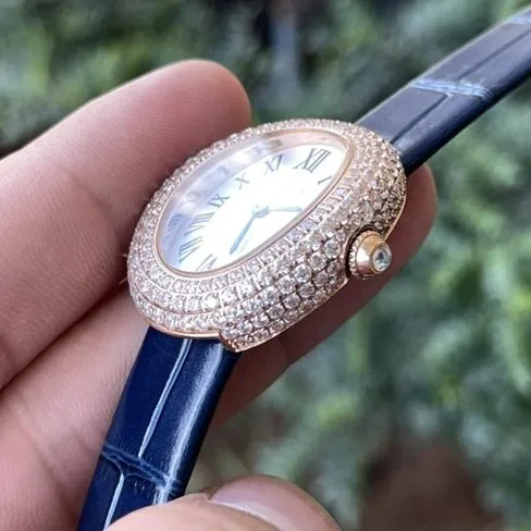 top-tierhigh-quality watch Cartier women's white dial blue belt bathtub series quartzleather strap watch back cover picture