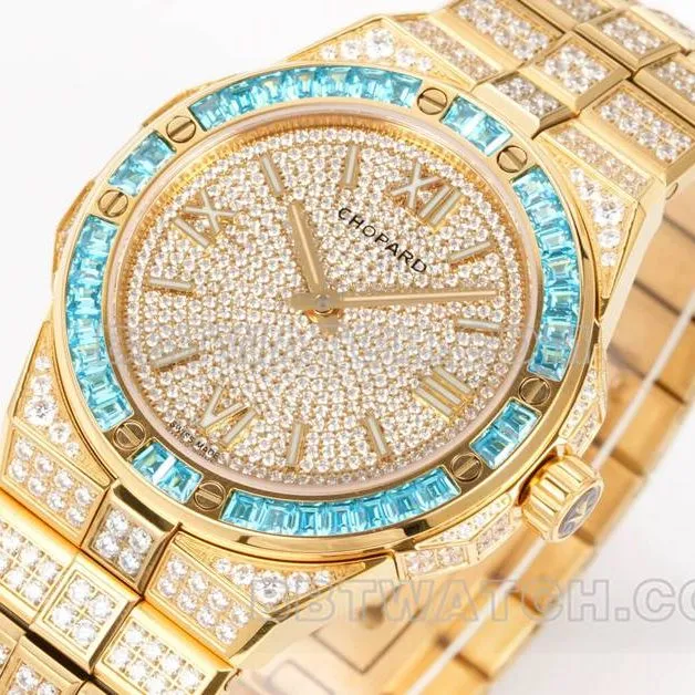 Chopard1:1replica watch GH factory Xueshan Aoyi 41mm pavé diamond yellow goldsteel bracelet model front live photo