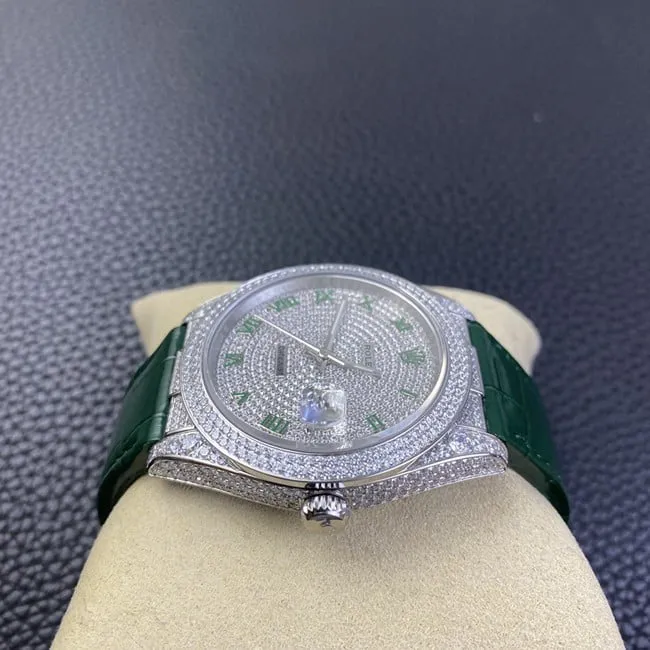 Rolextop-tier watch Datejust baby's breath men's white dial green strap fully automatic movementleather strap watch clasp picture