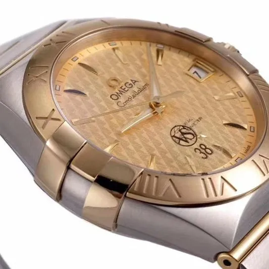 Omegasuper temperament model vs Constellation rose gold plate temperament model 8500 mechanical watch front view