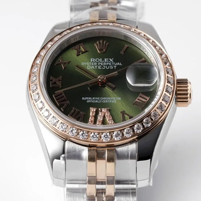 top-tier watch Rolex women's green dial Date just steel bracelet watch front view