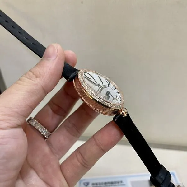 Real gold and real diamond Baoji top-tier watch queen series rose gold ladies diamondleather strap watch front view
