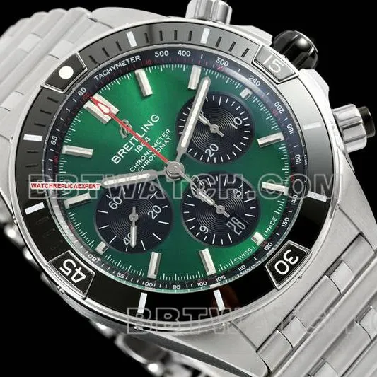 Breitling1:1replica watch TF factory mechanical chronographgreen dial44mmsteel bracelet front live photo