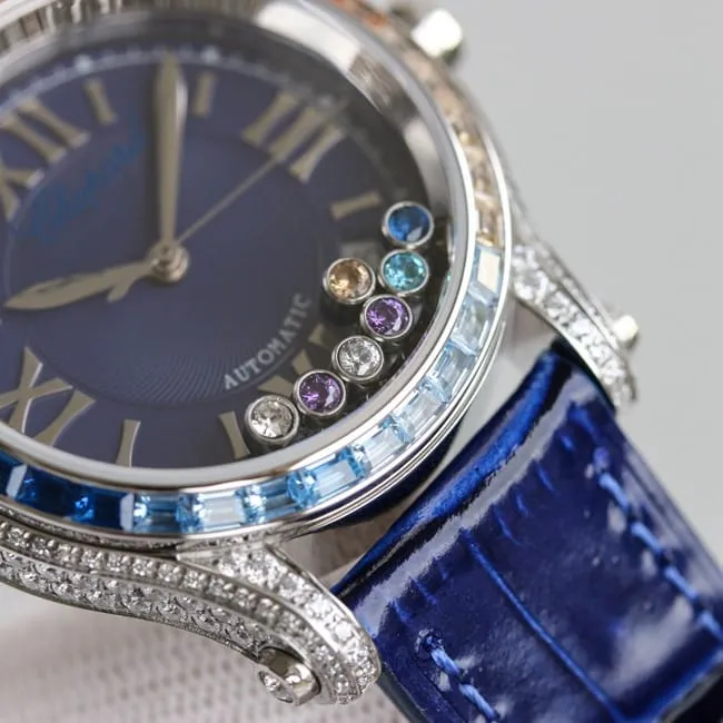 top-tier replicaChopardhigh-quality watch women's blue dial blue belt new chopard Happy Sport series mechanical leather strapdetail shots