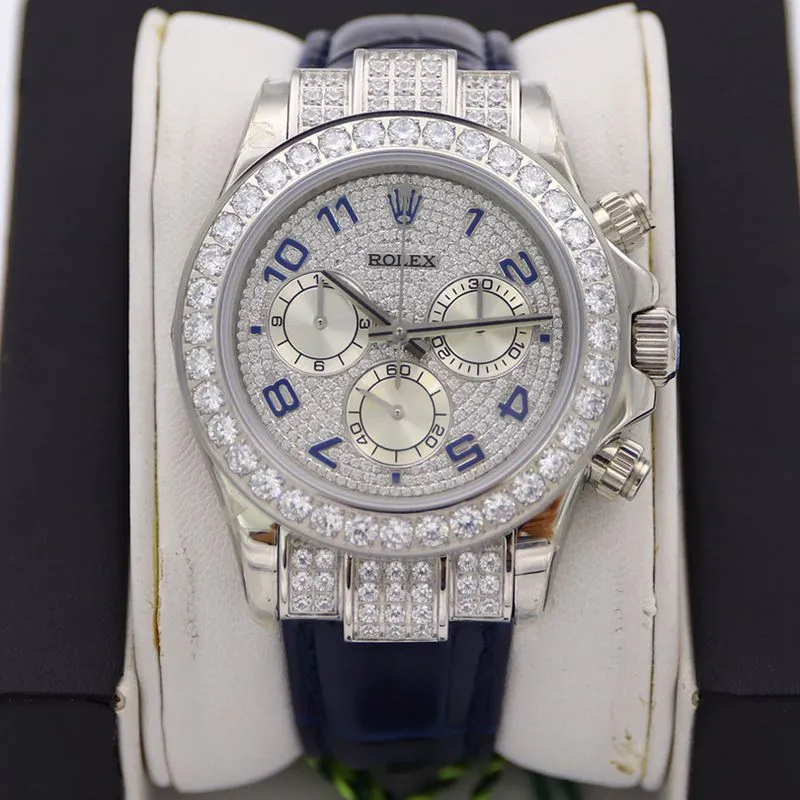 Rolextop-tierhigh-quality watchDaytona series pavé 116599 baby's breath leather strap men's mechanical watch front view