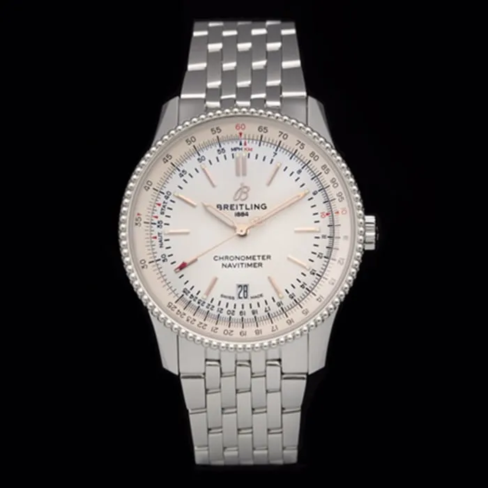 top-tier watch Breitling men's white dial aviation chronograph1 series overview steel bracelet watch front view