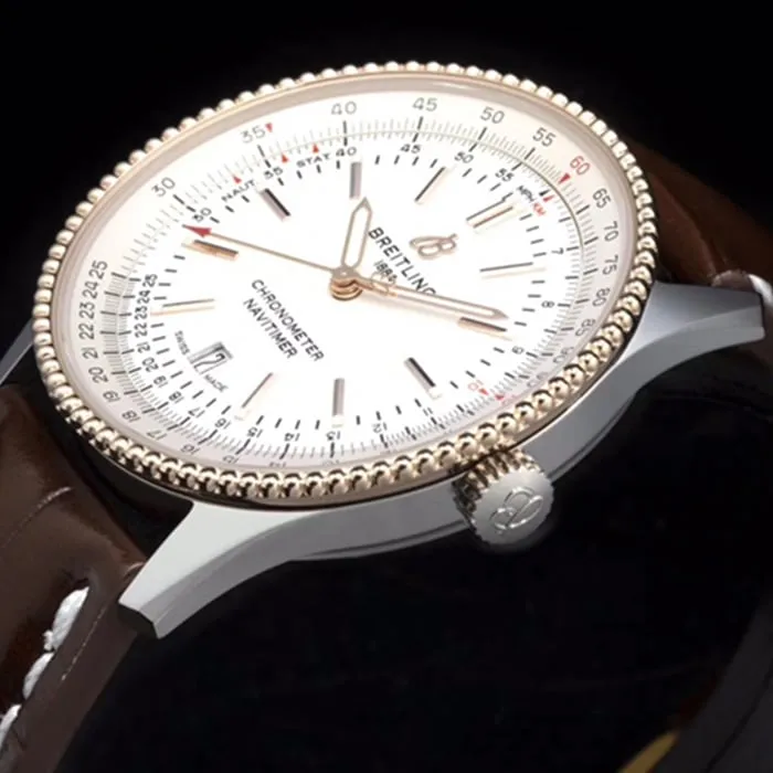 top-tier watch Breitling men's white dial aviation chronograph1 series leather strap watch front view